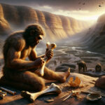 A rugged hominid, possibly Homo erectus, crafts a bone tool in Olduvai Gorge 1.5 million years ago, surrounded by scattered bones and golden afternoon light.