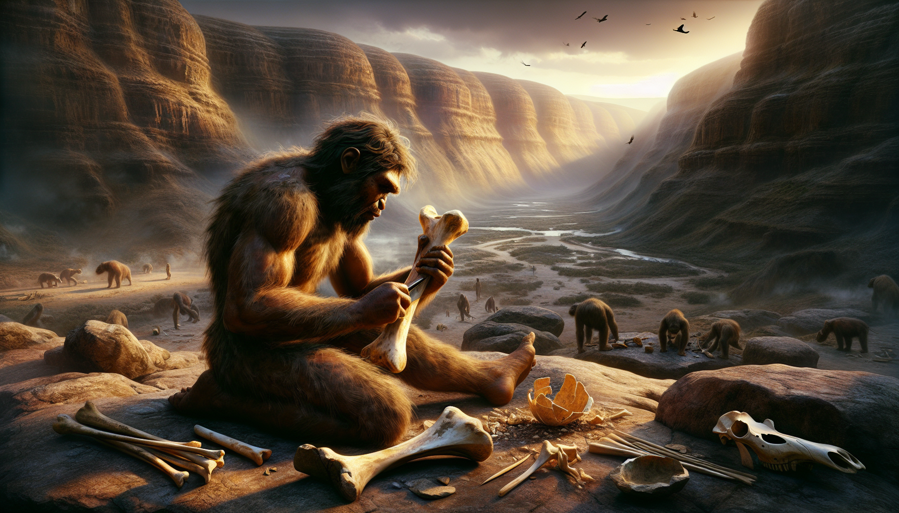 A rugged hominid, possibly Homo erectus, crafts a bone tool in Olduvai Gorge 1.5 million years ago, surrounded by scattered bones and golden afternoon light.