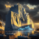 A colossal iceberg, twice the size of Greater London, looms over the ocean near South Georgia as King Penguins watch in awe from the rocky shore.