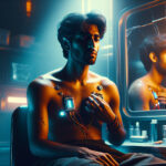A man in his late 30s sits shirtless in a dimly lit room, revealing two embedded battery packs in his chest. He touches one, his face reflecting awe, uncertainty, and quiet relief. Neon blues and warm oranges cast dramatic shadows, while a cracked mirror reflects his distant gaze, symbolizing a fractured past now slowly healing.