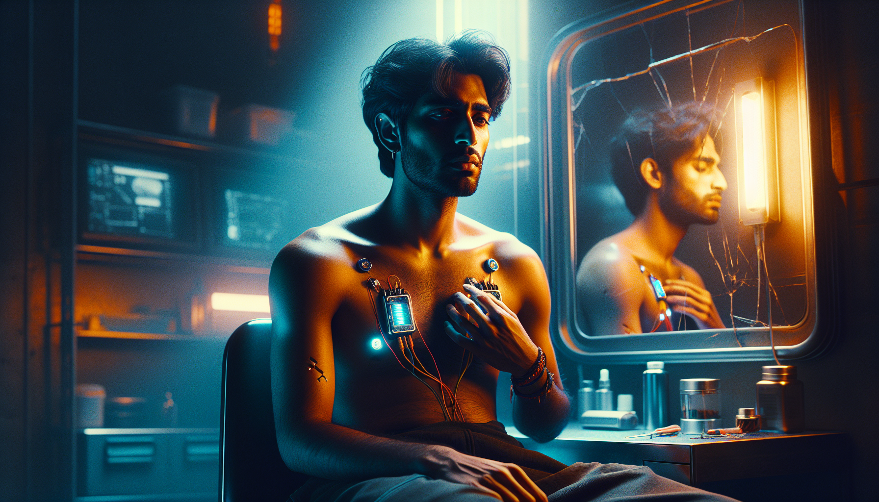 A man in his late 30s sits shirtless in a dimly lit room, revealing two embedded battery packs in his chest. He touches one, his face reflecting awe, uncertainty, and quiet relief. Neon blues and warm oranges cast dramatic shadows, while a cracked mirror reflects his distant gaze, symbolizing a fractured past now slowly healing.