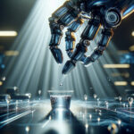 A futuristic bionic hand with soft robotic fingers delicately grips a thin plastic cup filled with water, illuminated by dramatic lab lighting, showcasing advanced neural-inspired prosthetics.