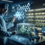 A scientist in a high-tech lab examines a glowing molecular model, surrounded by cannabis plants and futuristic digital displays, developing a non-addictive painkiller.