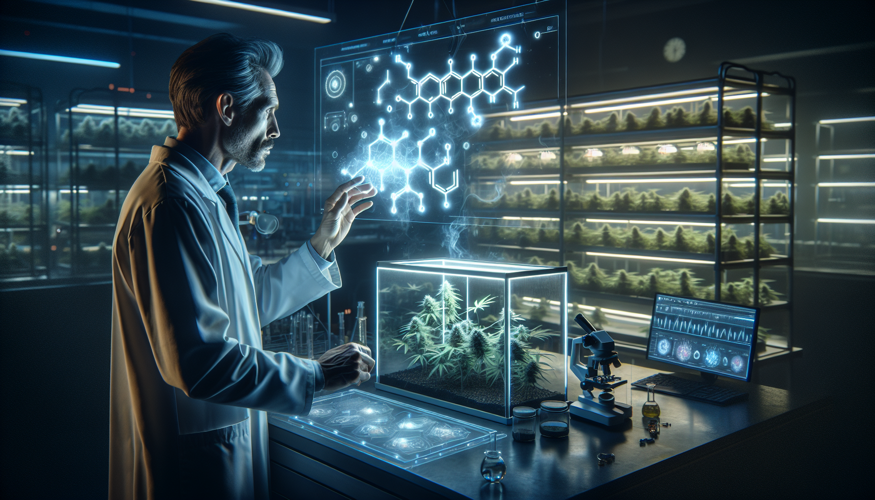 A scientist in a high-tech lab examines a glowing molecular model, surrounded by cannabis plants and futuristic digital displays, developing a non-addictive painkiller.