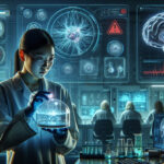 A scientist examines a glowing human brain organoid in a dimly lit lab, surrounded by holographic data, tau protein visuals, and futuristic molecular structures.