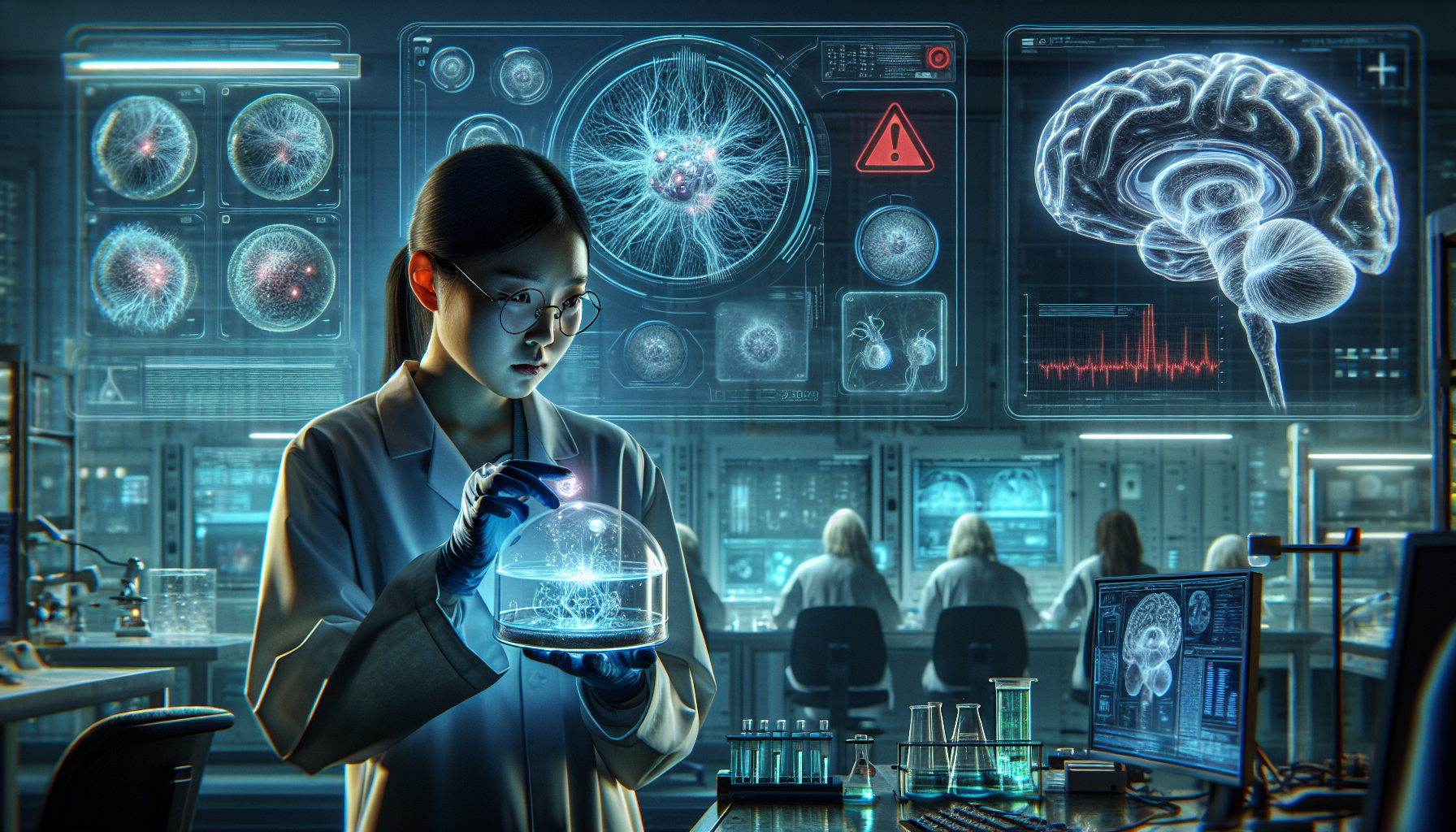 A scientist examines a glowing human brain organoid in a dimly lit lab, surrounded by holographic data, tau protein visuals, and futuristic molecular structures.