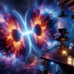 A cinematic depiction of two neutron stars colliding in deep space, unleashing a kilonova with fiery blues, purples, and gold-infused debris. A futuristic observatory tracks gravitational waves in real time.