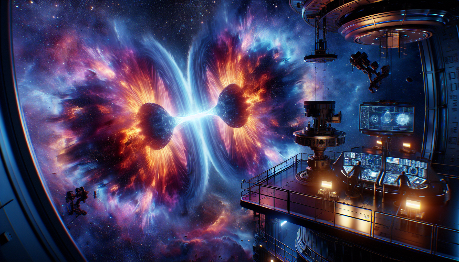 A cinematic depiction of two neutron stars colliding in deep space, unleashing a kilonova with fiery blues, purples, and gold-infused debris. A futuristic observatory tracks gravitational waves in real time.