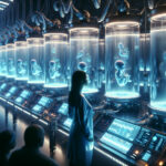 A futuristic lab glows in cool blue light, showcasing artificial wombs filled with suspended fetuses. A Gen Z scientist observes while shadowy figures watch from afar.