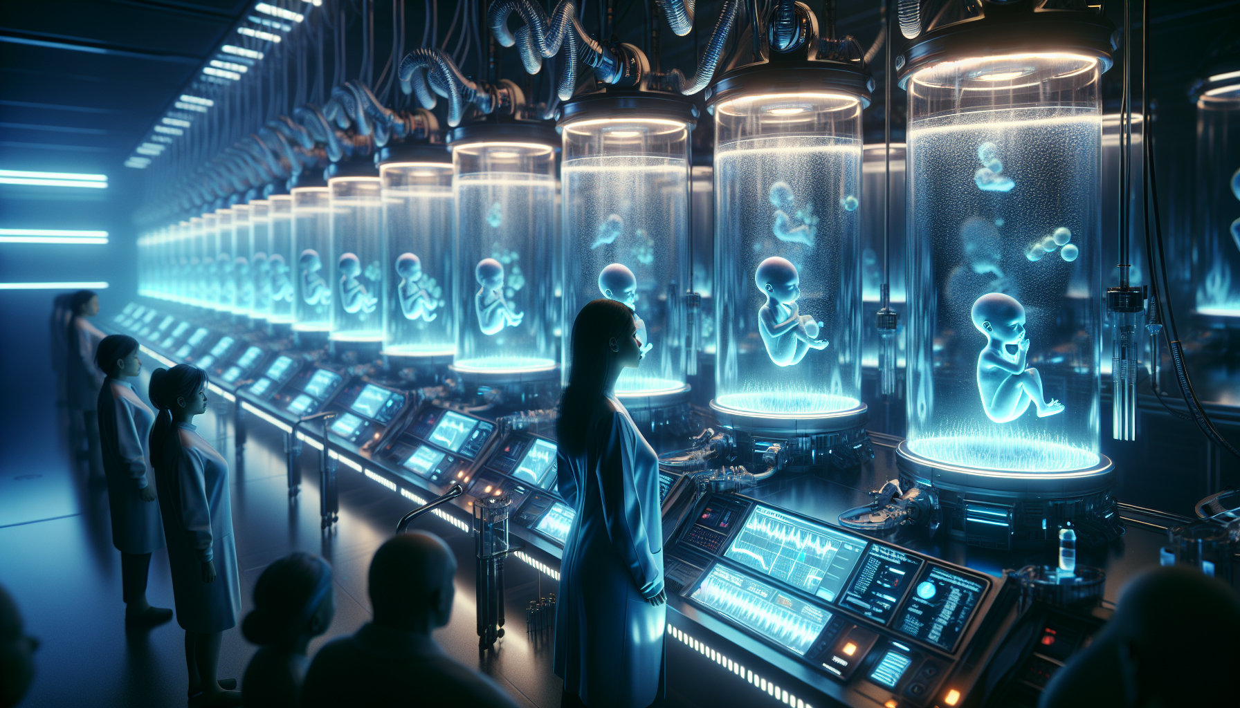 A futuristic lab glows in cool blue light, showcasing artificial wombs filled with suspended fetuses. A Gen Z scientist observes while shadowy figures watch from afar.