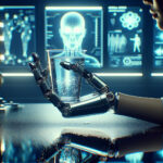 A high-tech bionic hand carefully grips a fragile plastic cup filled with water, adjusting its hold with precision in a futuristic laboratory setting.