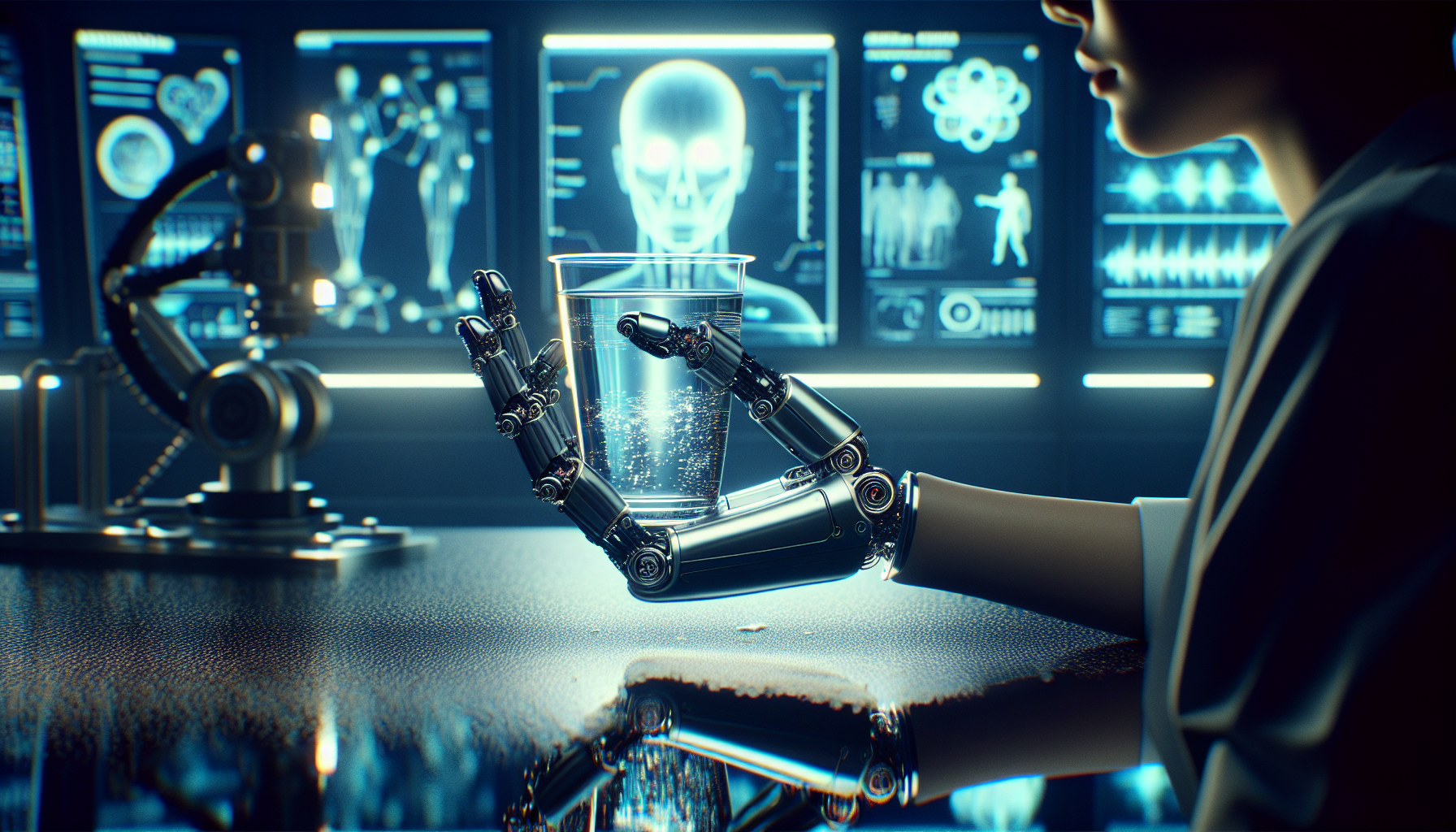 A high-tech bionic hand carefully grips a fragile plastic cup filled with water, adjusting its hold with precision in a futuristic laboratory setting.