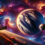 A massive gas giant with an elliptical orbit hurtles through space, its swirling storms contrasting with a smaller, Earth-like planet orbiting calmly in the background.
