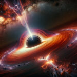 A high-contrast image of the Milky Way's supermassive black hole, Sagittarius A*, erupting with bursts of energy, surrounded by a swirling plasma disk and magnetic arcs.
