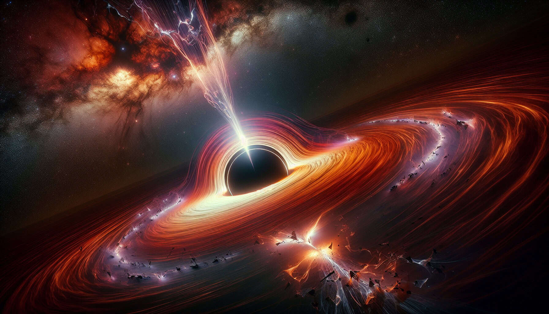 A high-contrast image of the Milky Way's supermassive black hole, Sagittarius A*, erupting with bursts of energy, surrounded by a swirling plasma disk and magnetic arcs.