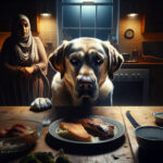 A photorealistic Labrador Retriever sits in a dimly lit kitchen, eyes locked on a plate of food, embodying the shared genetic struggle of appetite between dogs and humans.