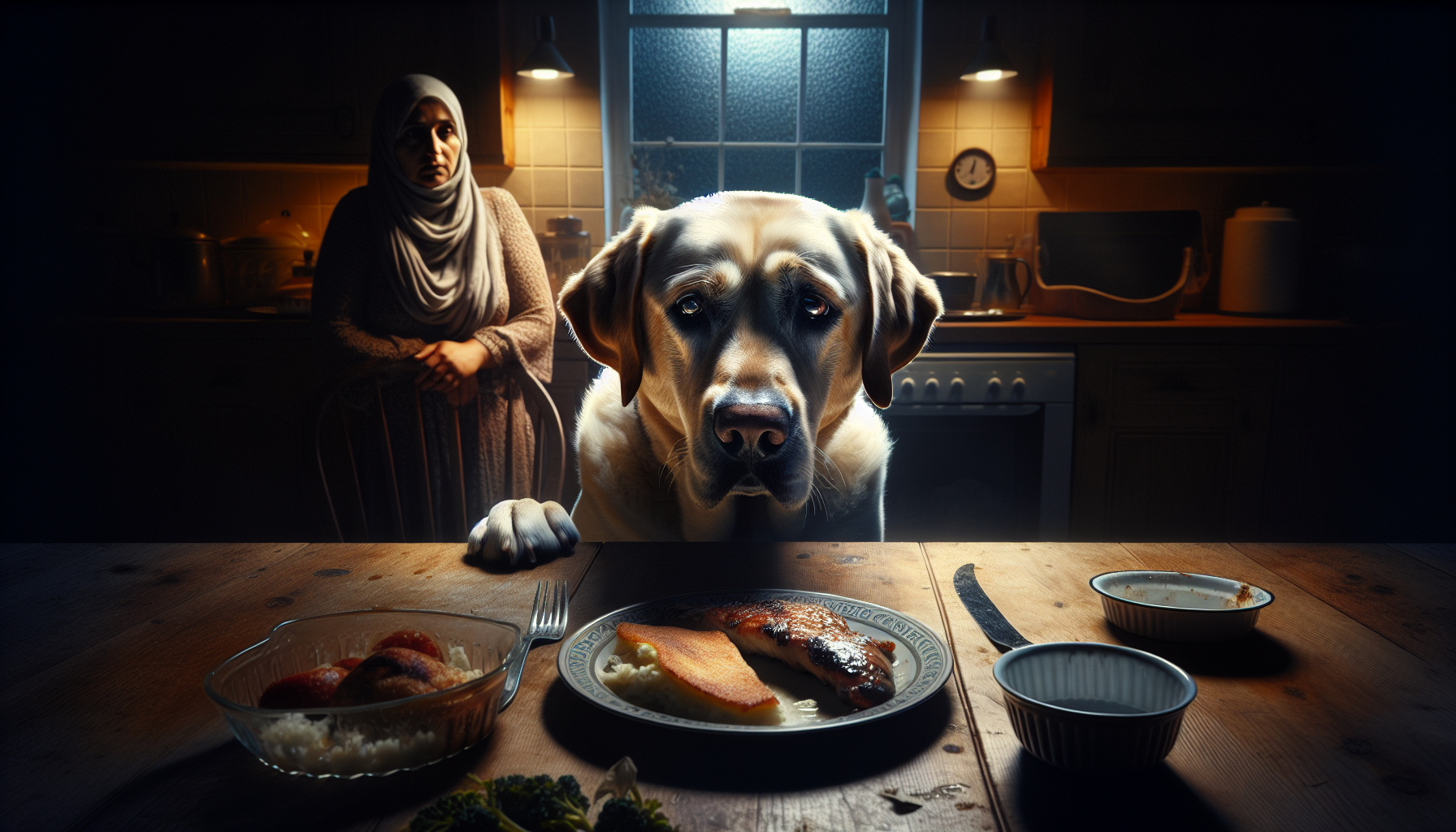 A photorealistic Labrador Retriever sits in a dimly lit kitchen, eyes locked on a plate of food, embodying the shared genetic struggle of appetite between dogs and humans.