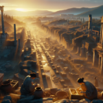 Aerial view of Interamna Lirenas ruins at sunset, with archaeologists excavating pottery shards among crumbling Roman walls, bathed in golden light.