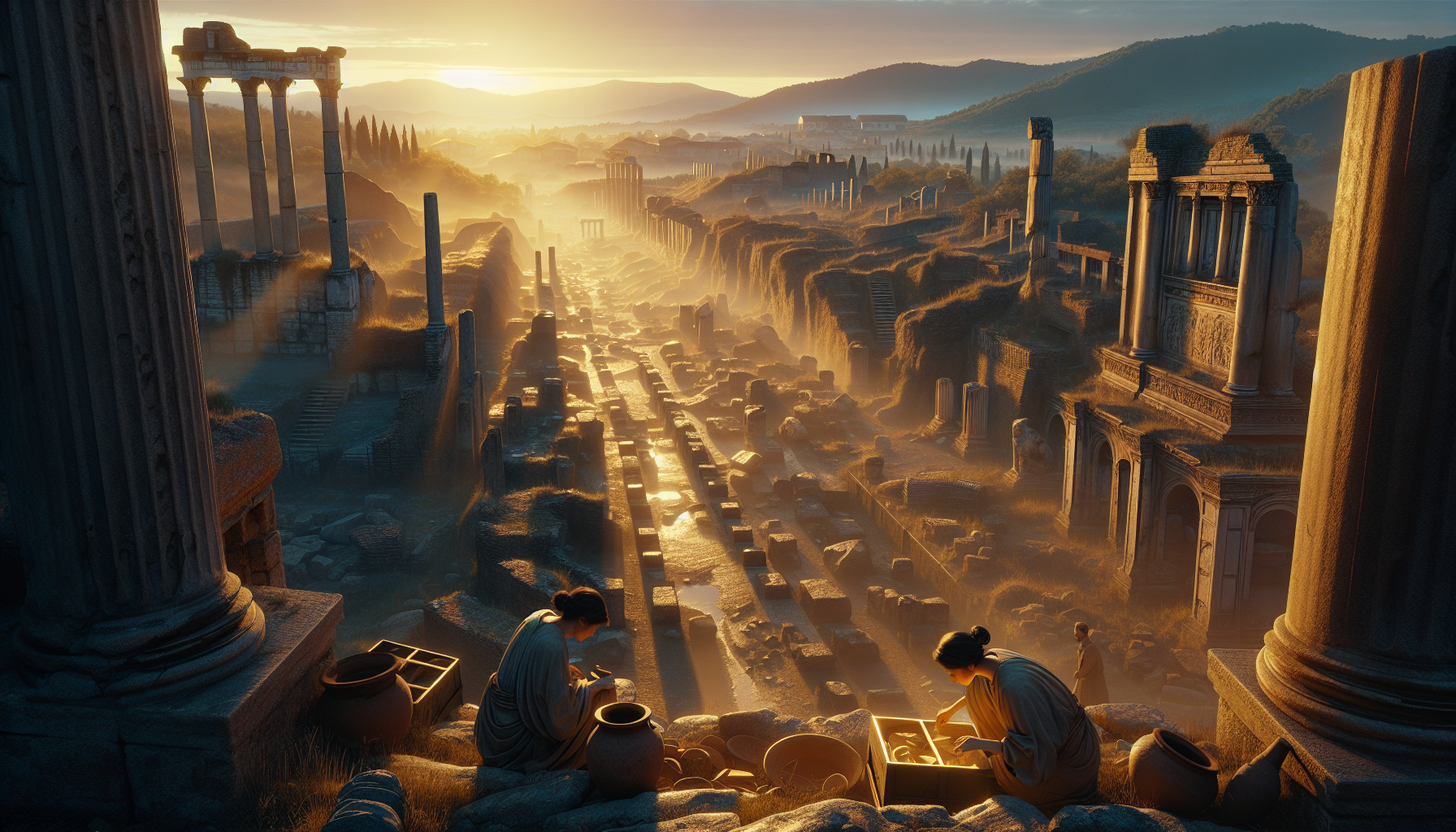 Aerial view of Interamna Lirenas ruins at sunset, with archaeologists excavating pottery shards among crumbling Roman walls, bathed in golden light.