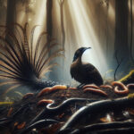 A superb lyrebird stands in a misty Australian forest, its intricate tail fanned out dramatically as golden light filters through the canopy, illuminating the disturbed earth teeming with prey.