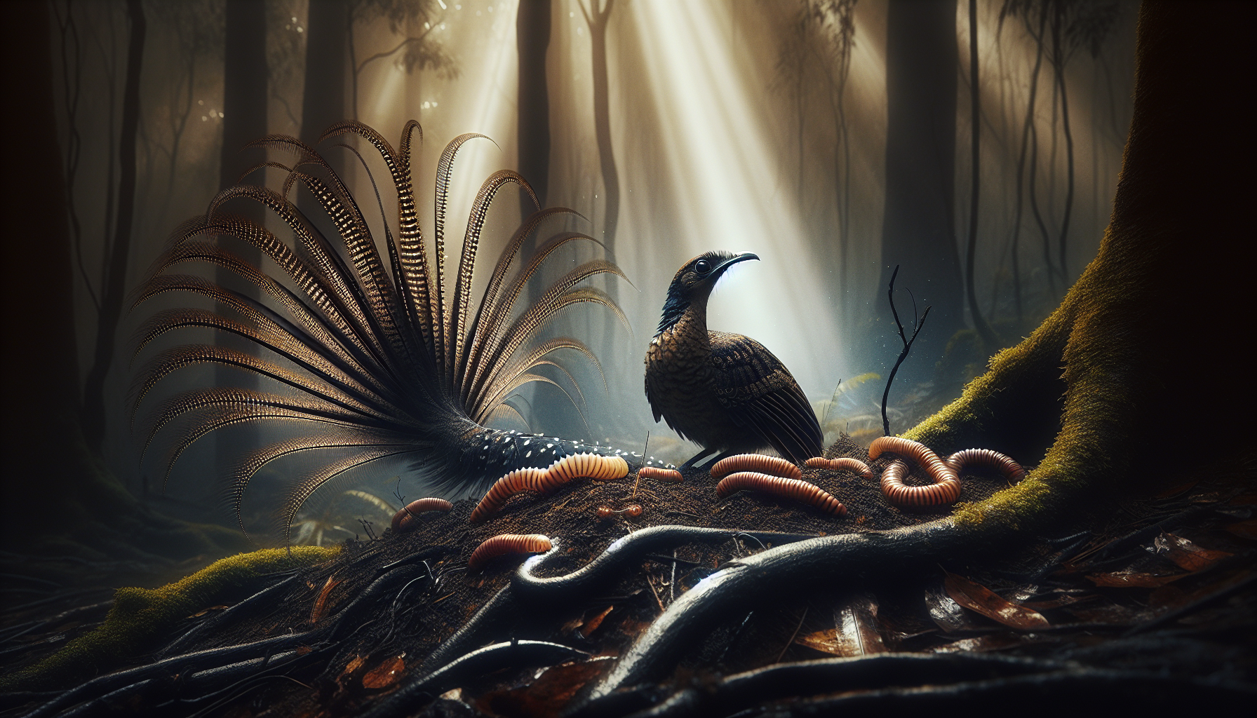 A superb lyrebird stands in a misty Australian forest, its intricate tail fanned out dramatically as golden light filters through the canopy, illuminating the disturbed earth teeming with prey.