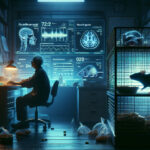 An aging scientist studies brain scans in a dim lab as an elderly rat hesitates near a greasy food dish, symbolizing high-fat diet-induced cognitive decline.
