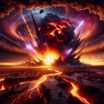 A massive asteroid streaks through space and slams into ancient Earth, triggering a fiery explosion over the volcanic landscape of the Pilbara region 3.5 billion years ago.