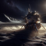 Cinematic image of Athena lunar lander tipped over on the moon's cratered surface, bathed in harsh sunlight with dust still settling and shadows stretching across Mons Mouton.