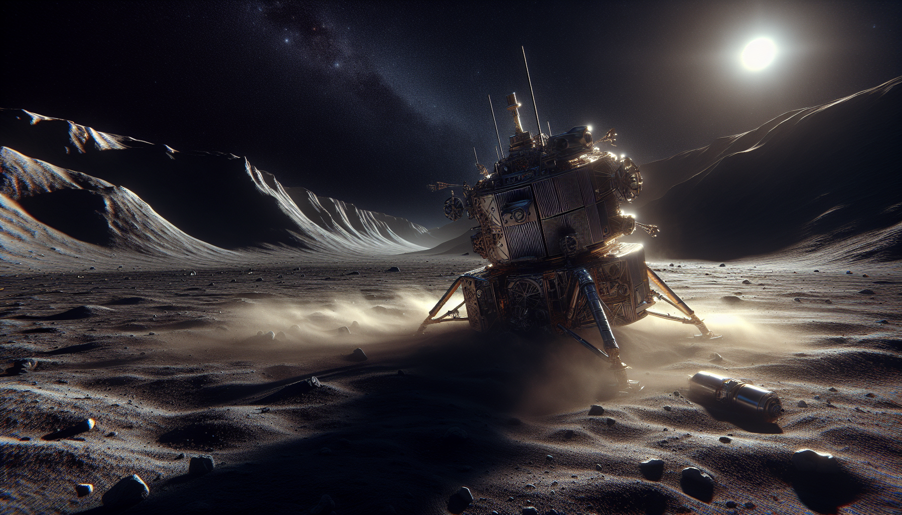 Cinematic image of Athena lunar lander tipped over on the moon's cratered surface, bathed in harsh sunlight with dust still settling and shadows stretching across Mons Mouton.