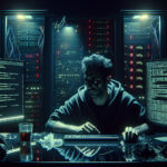 A frustrated developer sits in a dimly lit workstation, surrounded by glitching monitors displaying corrupted code and error messages after an AI software failure.