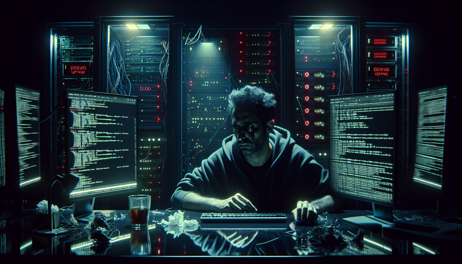 A frustrated developer sits in a dimly lit workstation, surrounded by glitching monitors displaying corrupted code and error messages after an AI software failure.