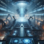 A futuristic AI-powered factory glows with eerie blue and orange light, where robotic arms assemble intricate designs from holographic schematics, showcasing the future of automation.
