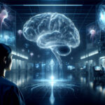 A futuristic laboratory scene with a human brain suspended in cold blue light, a neurosurgeon observing holographic neurons firing, symbolizing the abstraction of human memory.