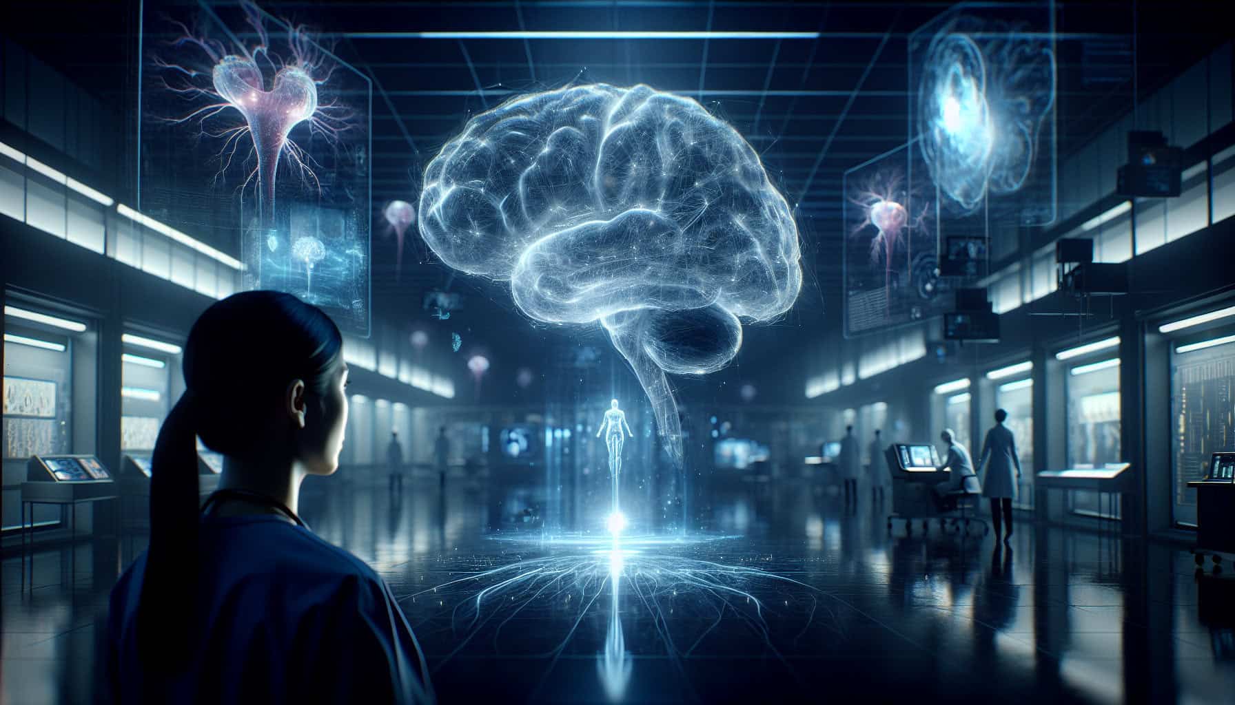 A futuristic laboratory scene with a human brain suspended in cold blue light, a neurosurgeon observing holographic neurons firing, symbolizing the abstraction of human memory.