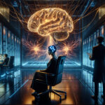 A futuristic neuroscience lab glows with electric blue light as a patient with electrodes on their head watches a holographic brain projection pulse with fiery energy.