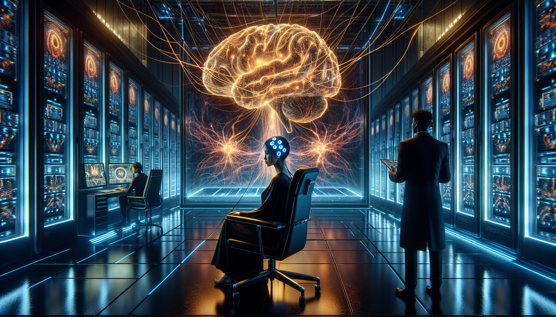 A futuristic neuroscience lab glows with electric blue light as a patient with electrodes on their head watches a holographic brain projection pulse with fiery energy.