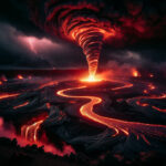 A towering lavanado spins above a molten lava pit on Kilauea volcano, twisting fiery rock and superheated gases into the night sky in a breathtaking eruption.