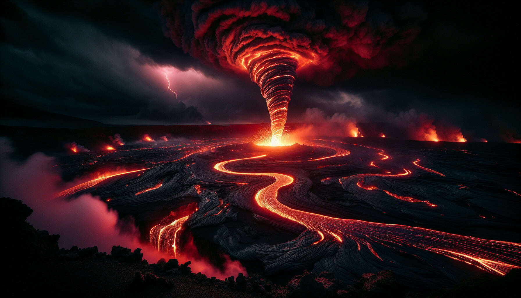 A towering lavanado spins above a molten lava pit on Kilauea volcano, twisting fiery rock and superheated gases into the night sky in a breathtaking eruption.