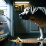 Labrador Retriever staring hungrily into an open fridge at night, fixated on a slice of cake, symbolizing genetic links between obesity in dogs and humans.