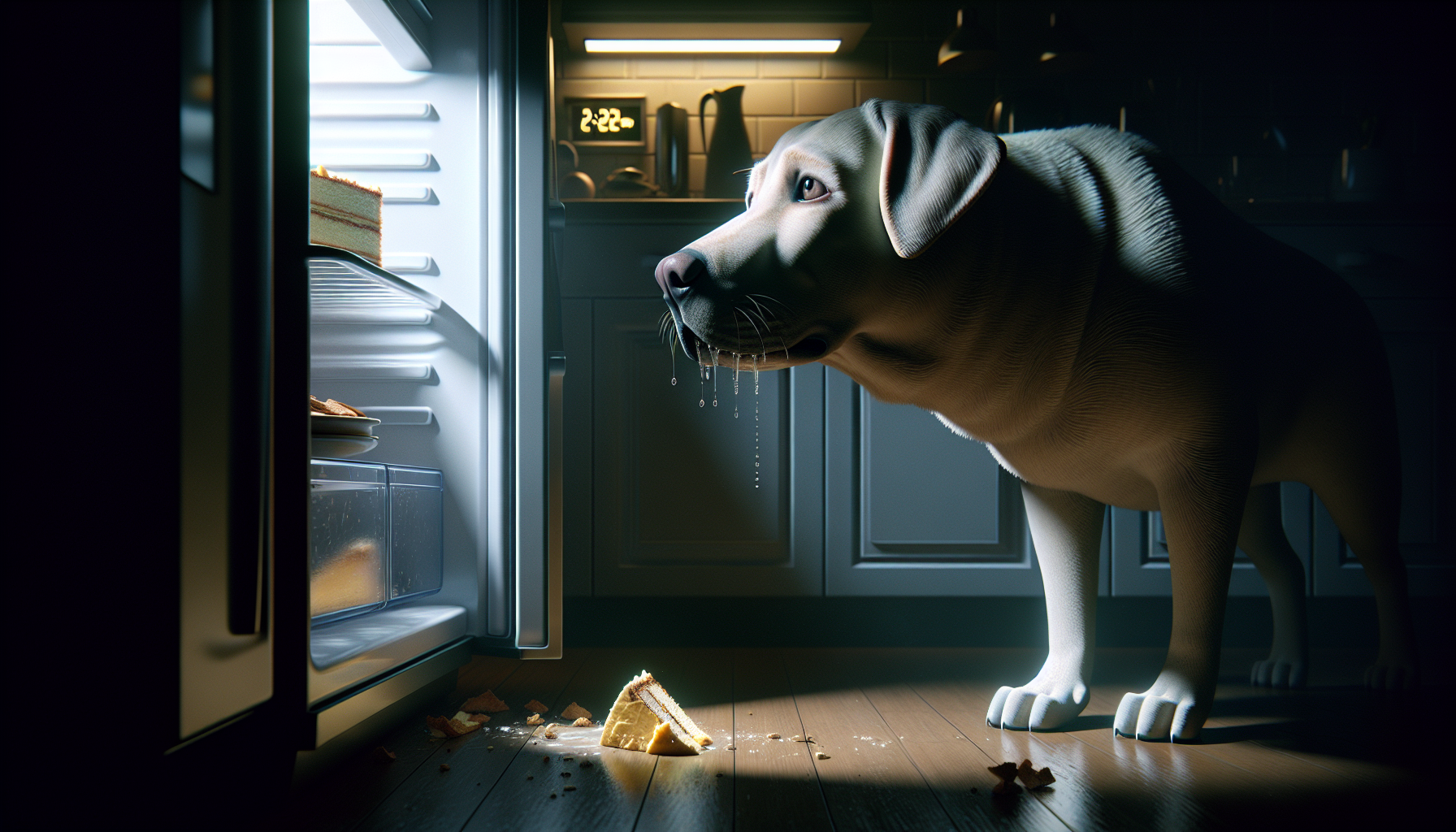 Labrador Retriever staring hungrily into an open fridge at night, fixated on a slice of cake, symbolizing genetic links between obesity in dogs and humans.