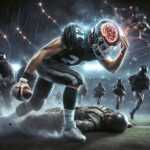 A cinematic shot of a football player mid-collision, his helmet snapping back as sweat and turf particles explode under stadium lights. A military cadet collapses in training, dust swirling. A glowing brain scan overlays both scenes, highlighting a concussion impact zone. In the foreground, a hand grips a painkiller bottle.