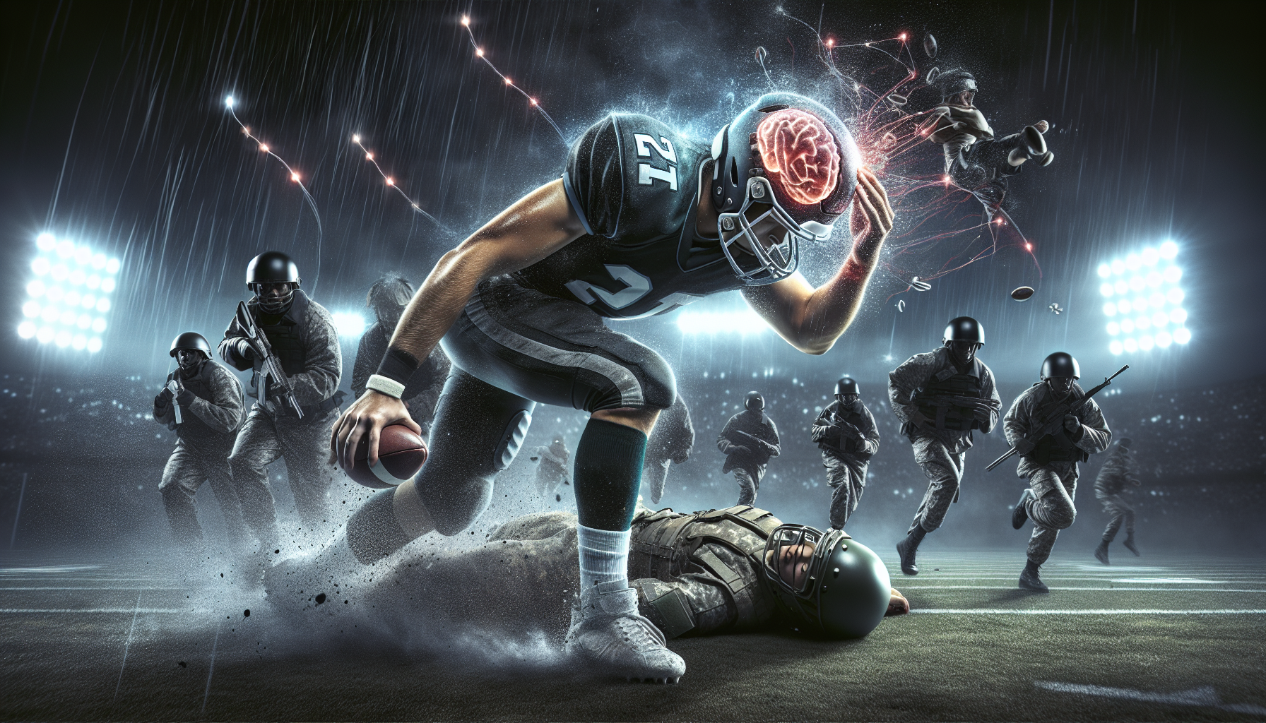 A cinematic shot of a football player mid-collision, his helmet snapping back as sweat and turf particles explode under stadium lights. A military cadet collapses in training, dust swirling. A glowing brain scan overlays both scenes, highlighting a concussion impact zone. In the foreground, a hand grips a painkiller bottle.