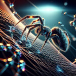 A cinematic close-up of a spider using its hind legs to pull glistening silk from its spinnerets, revealing an intricate molecular structure illuminated by dramatic lighting.