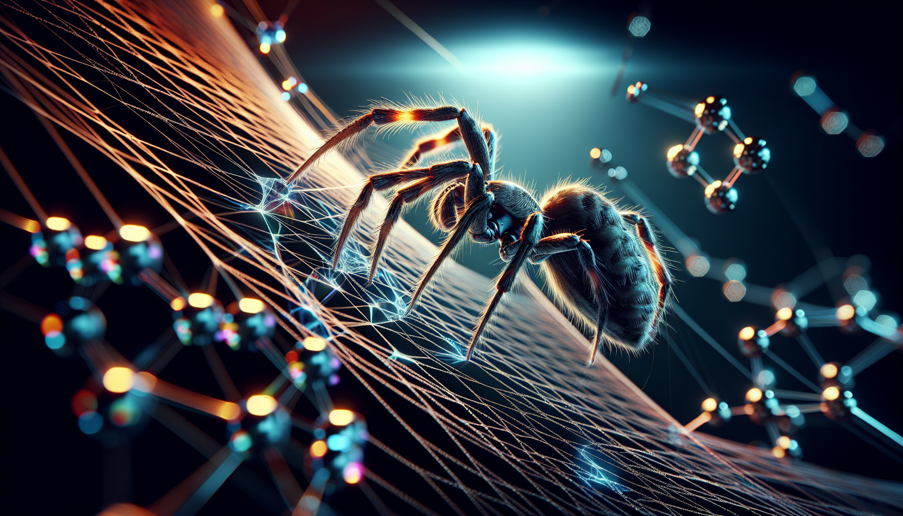 A cinematic close-up of a spider using its hind legs to pull glistening silk from its spinnerets, revealing an intricate molecular structure illuminated by dramatic lighting.