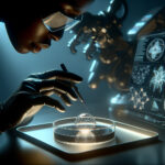 A glowing hydrogel sample in a futuristic lab begins to self-heal as a scientist slices into it, under high-tech lighting and robotic equipment.
