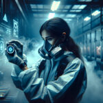 A scientist in a high-tech biosecurity lab holds a glowing handheld air sensor, detecting airborne H5N1 bird flu. A misty atmosphere and digital warnings add urgency.