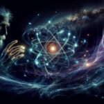 A cosmic landscape where swirling energy forms an atom, with a glowing nucleus and streaks of blue electrons orbiting. Wolfgang Pauli’s ghostly figure observes intently.