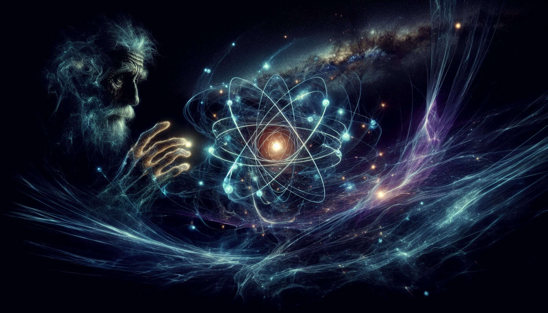 A cosmic landscape where swirling energy forms an atom, with a glowing nucleus and streaks of blue electrons orbiting. Wolfgang Pauli’s ghostly figure observes intently.