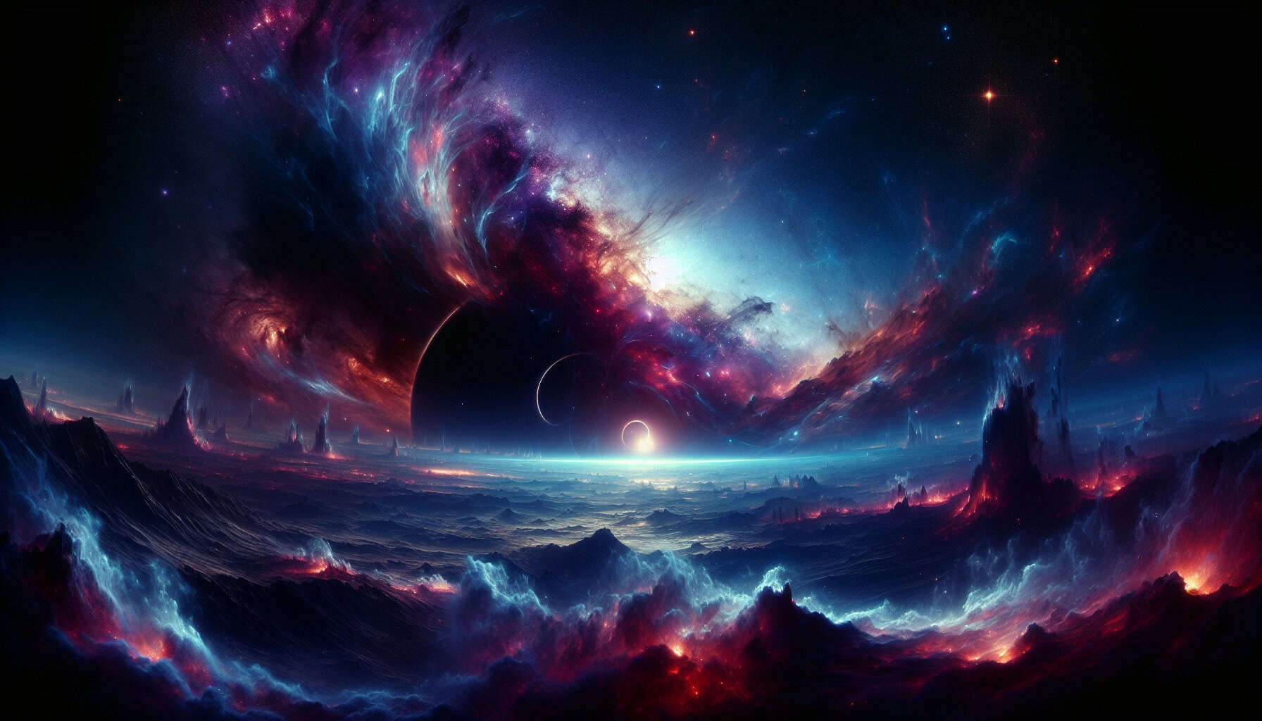 A high-contrast, photorealistic image of the Milky Way’s core, with glowing ionized hydrogen tendrils and mysterious energy illuminating vast cosmic structures.