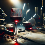 A moody still life of red and white wine, with a broken bottle and a medical paper on cancer risks, symbolizing the debate over wine’s health effects.